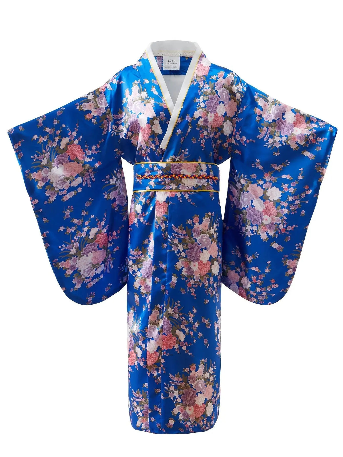 1pc Traditional Japanese Kimono for Women - Floral Print Dress Robe with Belt, Polyester Fabric, Full-Length Sleeves, Open Front, Regular Fit, Geisha Bathing Costume, Cosplay, Halloween, Carnival Party Wear SS69