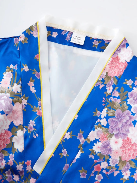 1pc Traditional Japanese Kimono for Women - Floral Print Dress Robe with Belt, Polyester Fabric, Full-Length Sleeves, Open Front, Regular Fit, Geisha Bathing Costume, Cosplay, Halloween, Carnival Party Wear SS69