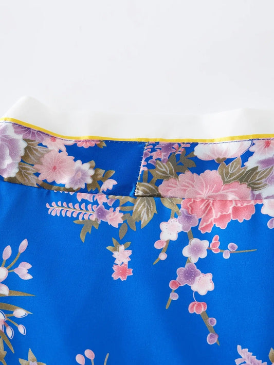 1pc Traditional Japanese Kimono for Women - Floral Print Dress Robe with Belt, Polyester Fabric, Full-Length Sleeves, Open Front, Regular Fit, Geisha Bathing Costume, Cosplay, Halloween, Carnival Party Wear SS69