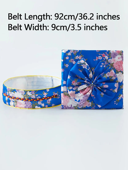 1pc Traditional Japanese Kimono for Women - Floral Print Dress Robe with Belt, Polyester Fabric, Full-Length Sleeves, Open Front, Regular Fit, Geisha Bathing Costume, Cosplay, Halloween, Carnival Party Wear SS69