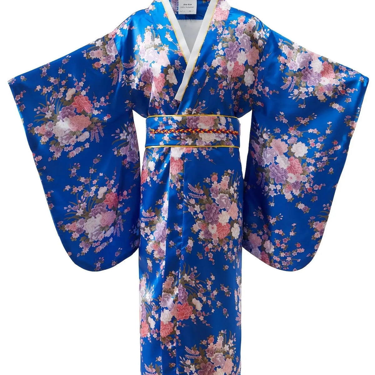1pc Traditional Japanese Kimono for Women - Floral Print Dress Robe with Belt, Polyester Fabric, Full-Length Sleeves, Open Front, Regular Fit, Geisha Bathing Costume, Cosplay, Halloween, Carnival Party Wear SS69 27.69 Royal Blue / One-size