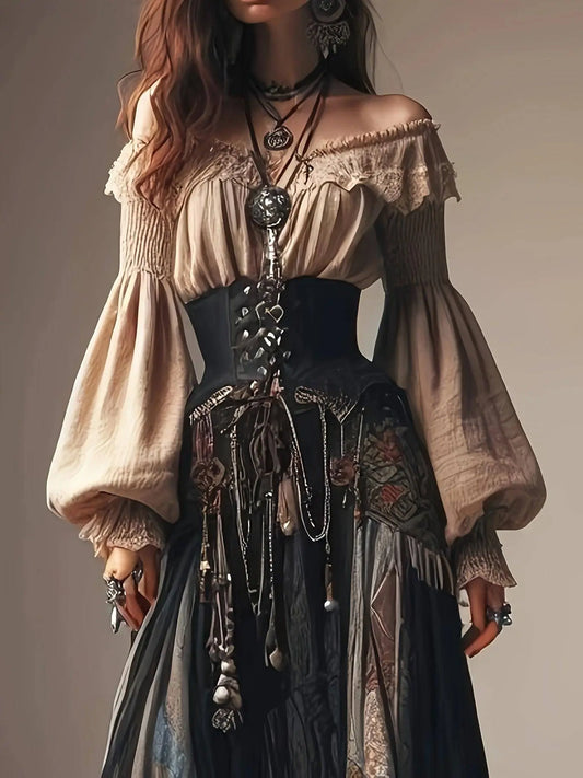 1pc Vintage Style Off-the-Shoulder Lantern Sleeve Pleated Blouse - Polyester Fabric, Solid Color, All-Season Adult Shirt with Lace Detailing SS69