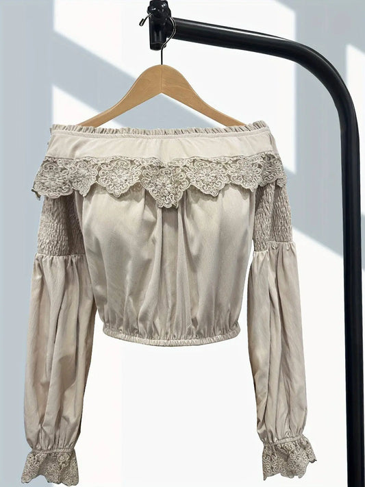 1pc Vintage Style Off-the-Shoulder Lantern Sleeve Pleated Blouse - Polyester Fabric, Solid Color, All-Season Adult Shirt with Lace Detailing SS69
