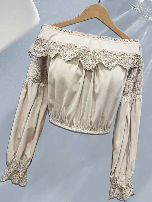 1pc Vintage Style Off-the-Shoulder Lantern Sleeve Pleated Blouse - Polyester Fabric, Solid Color, All-Season Adult Shirt with Lace Detailing SS69