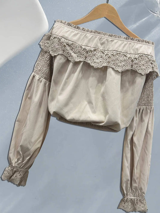 1pc Vintage Style Off-the-Shoulder Lantern Sleeve Pleated Blouse - Polyester Fabric, Solid Color, All-Season Adult Shirt with Lace Detailing SS69