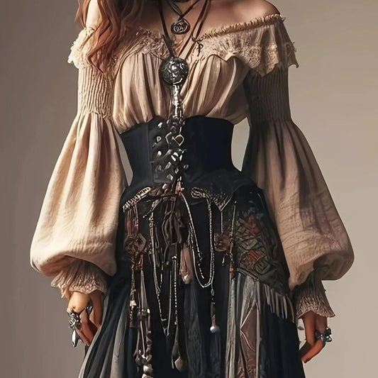 1pc Vintage Style Off-the-Shoulder Lantern Sleeve Pleated Blouse - Polyester Fabric, Solid Color, All-Season Adult Shirt with Lace Detailing SS69