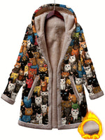 1pc Whimsy Women'S Winter Coat, Casual Style Polyester Hooded Jacket with Cute Cartoon Cat Print, Warm Fleece-Lined Long Sleeve Pockets, Button-Up Warm Puffer Coat, Animal Pattern Fashion Outerwear SS69