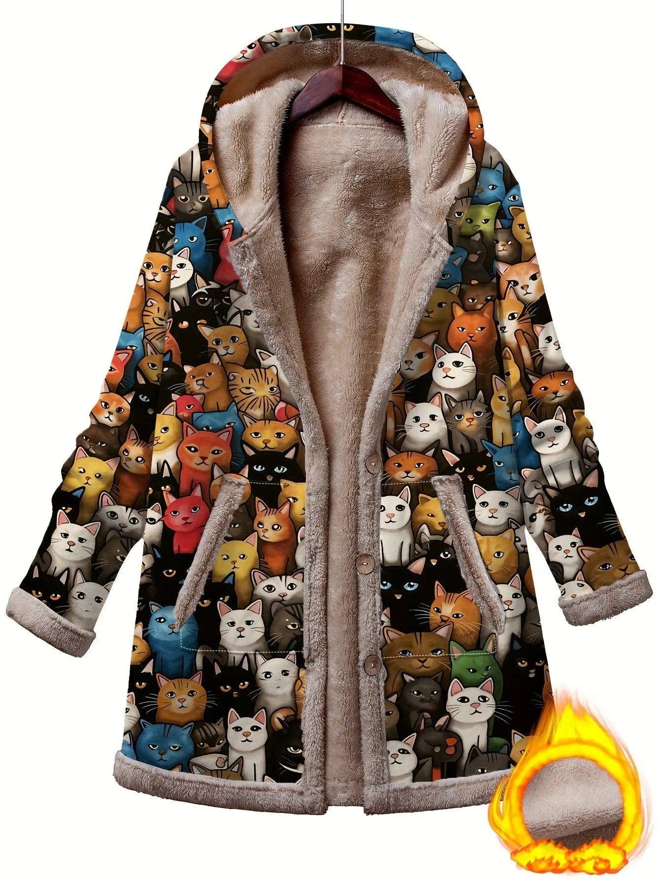 1pc Whimsy Women'S Winter Coat, Casual Style Polyester Hooded Jacket with Cute Cartoon Cat Print, Warm Fleece-Lined Long Sleeve Pockets, Button-Up Warm Puffer Coat, Animal Pattern Fashion Outerwear SS69