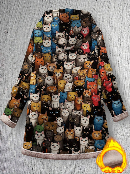 1pc Whimsy Women'S Winter Coat, Casual Style Polyester Hooded Jacket with Cute Cartoon Cat Print, Warm Fleece-Lined Long Sleeve Pockets, Button-Up Warm Puffer Coat, Animal Pattern Fashion Outerwear SS69
