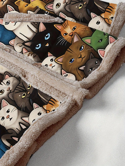 1pc Whimsy Women'S Winter Coat, Casual Style Polyester Hooded Jacket with Cute Cartoon Cat Print, Warm Fleece-Lined Long Sleeve Pockets, Button-Up Warm Puffer Coat, Animal Pattern Fashion Outerwear SS69