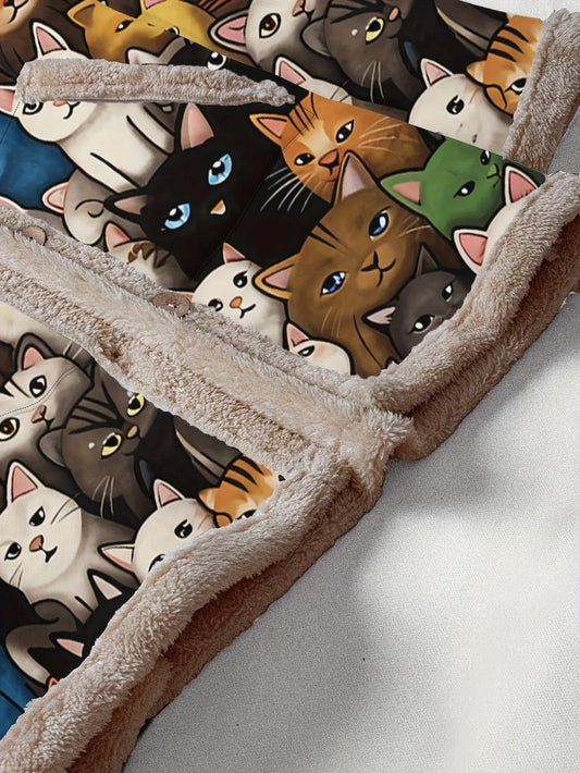 1pc Whimsy Women'S Winter Coat, Casual Style Polyester Hooded Jacket with Cute Cartoon Cat Print, Warm Fleece-Lined Long Sleeve Pockets, Button-Up Warm Puffer Coat, Animal Pattern Fashion Outerwear SS69