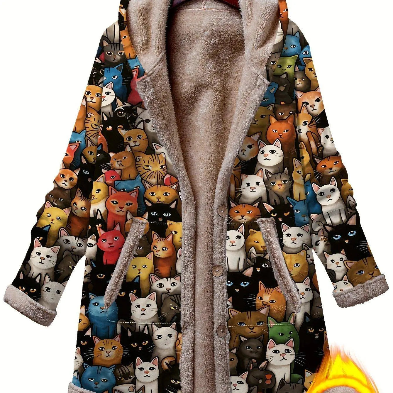 1pc Whimsy Women'S Winter Coat, Casual Style Polyester Hooded Jacket with Cute Cartoon Cat Print, Warm Fleece-Lined Long Sleeve Pockets, Button-Up Warm Puffer Coat, Animal Pattern Fashion Outerwear SS69