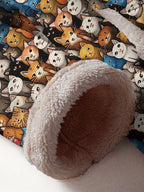 1pc Whimsy Women'S Winter Coat, Casual Style Polyester Hooded Jacket with Cute Cartoon Cat Print, Warm Fleece-Lined Long Sleeve Pockets, Button-Up Warm Puffer Coat, Animal Pattern Fashion Outerwear SS69