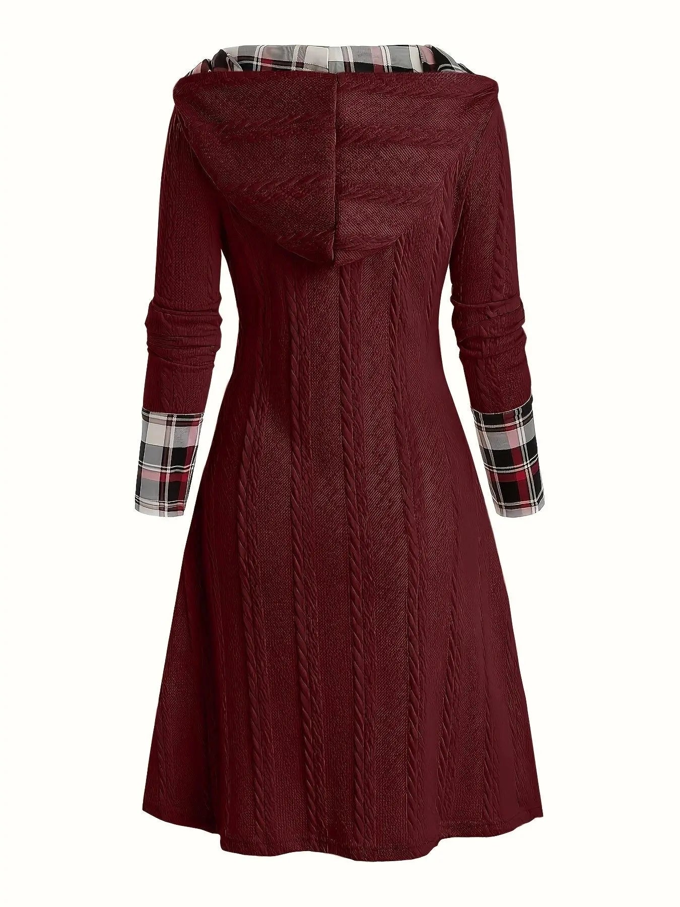 1pc Women'S Casual Hooded Sweater Dress with Plaid Print, Long Sleeve Knit Polyester Spandex Blend, Regular Fit Knee-Length with Button Detail for All Seasons - SS69