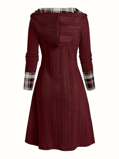 1pc Women'S Casual Hooded Sweater Dress with Plaid Print, Long Sleeve Knit Polyester Spandex Blend, Regular Fit Knee-Length with Button Detail for All Seasons - SS69