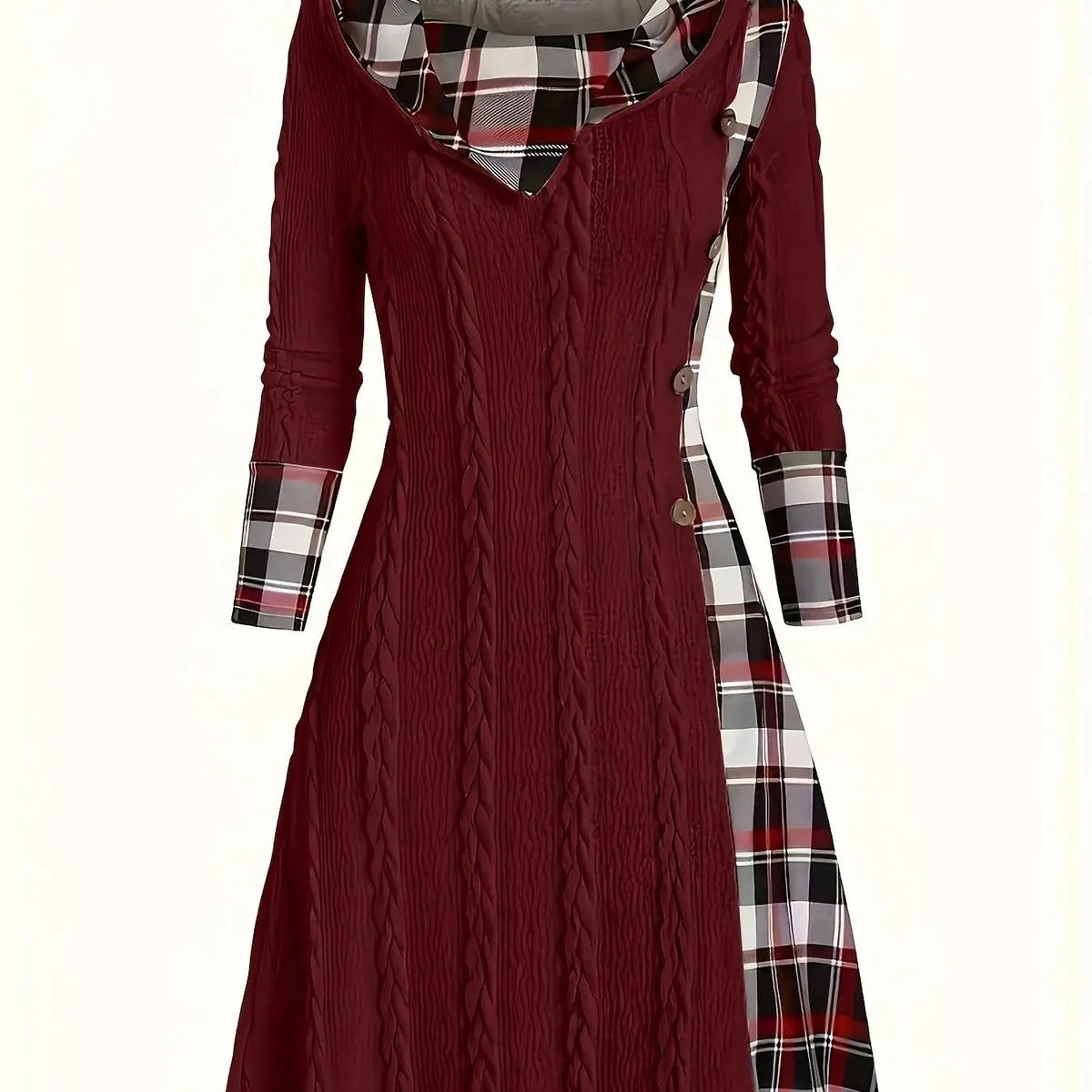 1pc Women'S Casual Hooded Sweater Dress with Plaid Print, Long Sleeve Knit Polyester Spandex Blend, Regular Fit Knee-Length with Button Detail for All Seasons - SS69