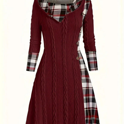 1pc Women'S Casual Hooded Sweater Dress with Plaid Print, Long Sleeve Knit Polyester Spandex Blend, Regular Fit Knee-Length with Button Detail for All Seasons - SS69