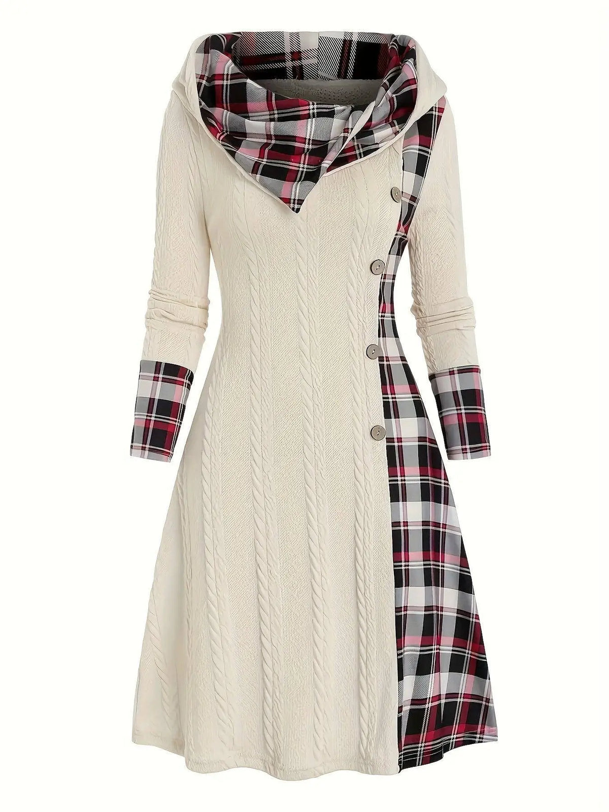 1pc Women'S Casual Hooded Sweater Dress with Plaid Print, Long Sleeve Knit Polyester Spandex Blend, Regular Fit Knee-Length with Button Detail for All Seasons SS69