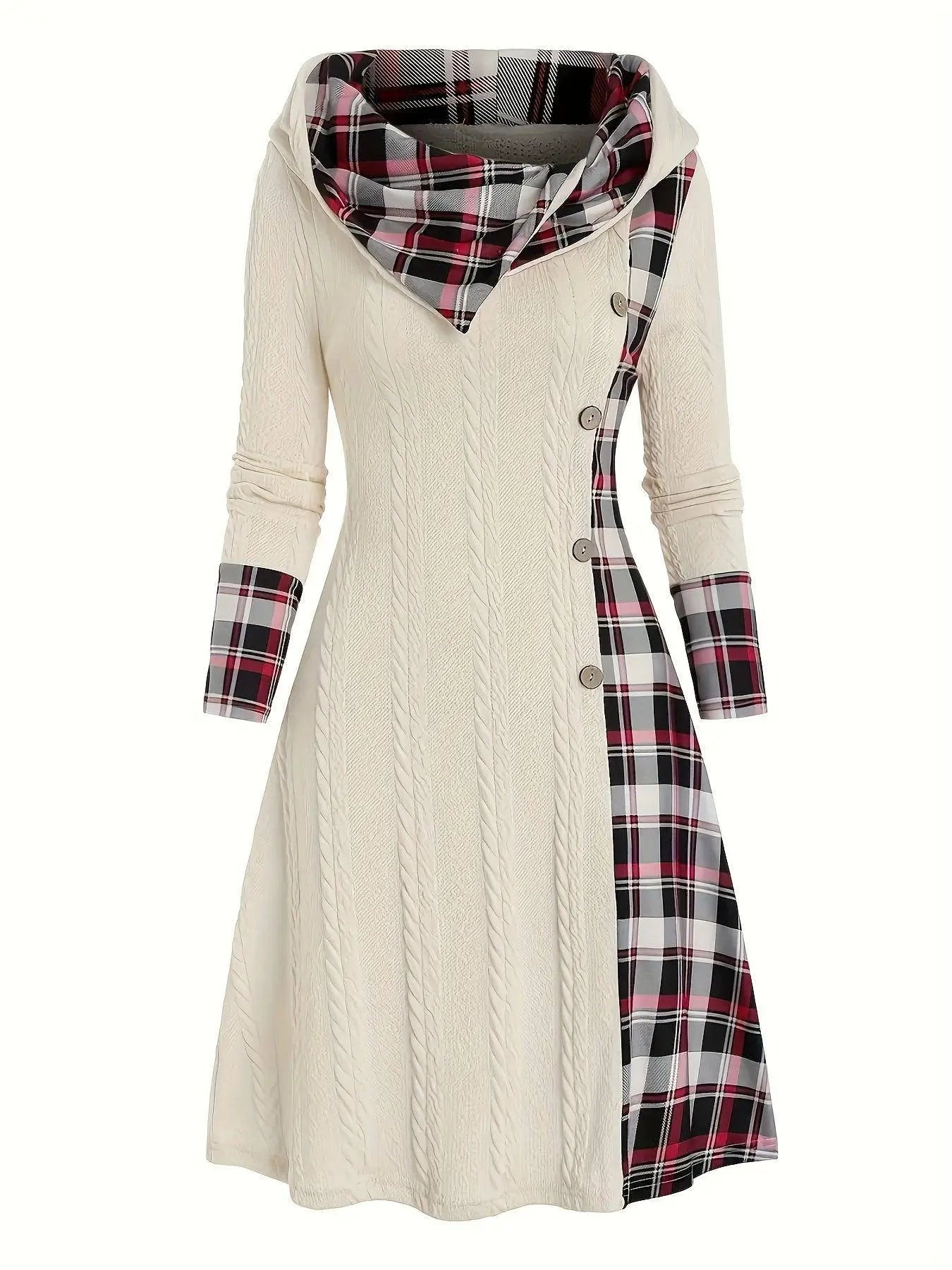 1pc Women'S Casual Hooded Sweater Dress with Plaid Print, Long Sleeve Knit Polyester Spandex Blend, Regular Fit Knee-Length with Button Detail for All Seasons SS69