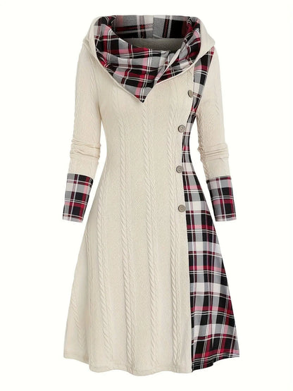 1pc Women'S Casual Hooded Sweater Dress with Plaid Print, Long Sleeve Knit Polyester Spandex Blend, Regular Fit Knee-Length with Button Detail for All Seasons SS69
