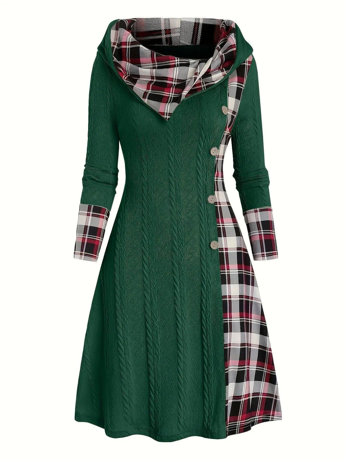 1pc Women'S Casual Hooded Sweater Dress with Plaid Print, Long Sleeve Knit Polyester Spandex Blend, Regular Fit Knee-Length with Button Detail for All Seasons SS69