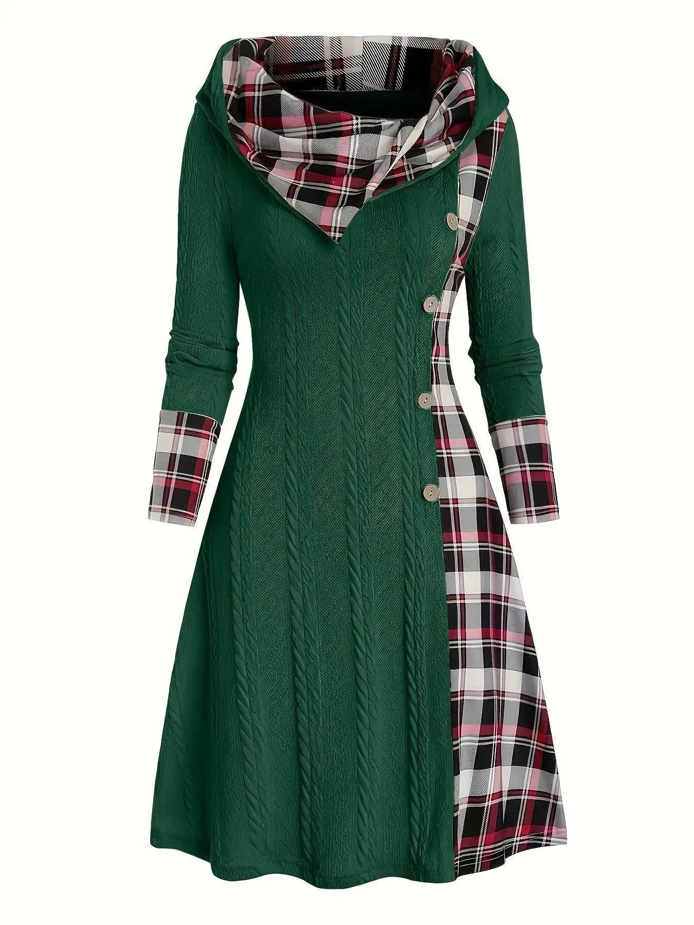 1pc Women'S Casual Hooded Sweater Dress with Plaid Print, Long Sleeve Knit Polyester Spandex Blend, Regular Fit Knee-Length with Button Detail for All Seasons SS69