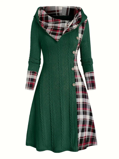 1pc Women'S Casual Hooded Sweater Dress with Plaid Print, Long Sleeve Knit Polyester Spandex Blend, Regular Fit Knee-Length with Button Detail for All Seasons SS69