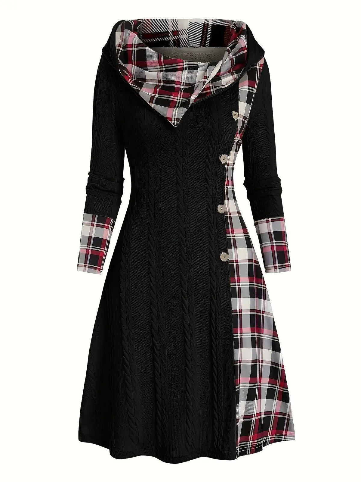 1pc Women'S Casual Hooded Sweater Dress with Plaid Print, Long Sleeve Knit Polyester Spandex Blend, Regular Fit Knee-Length with Button Detail for All Seasons SS69