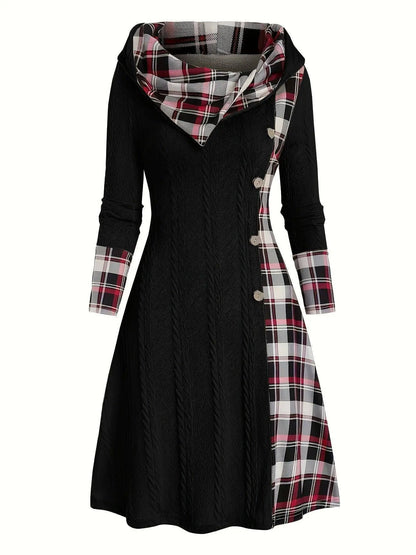 1pc Women'S Casual Hooded Sweater Dress with Plaid Print, Long Sleeve Knit Polyester Spandex Blend, Regular Fit Knee-Length with Button Detail for All Seasons SS69