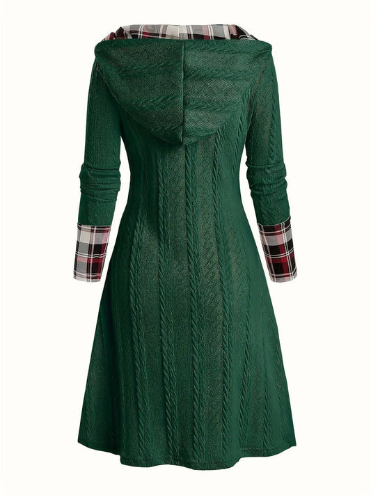 1pc Women'S Casual Hooded Sweater Dress with Plaid Print, Long Sleeve Knit Polyester Spandex Blend, Regular Fit Knee-Length with Button Detail for All Seasons SS69