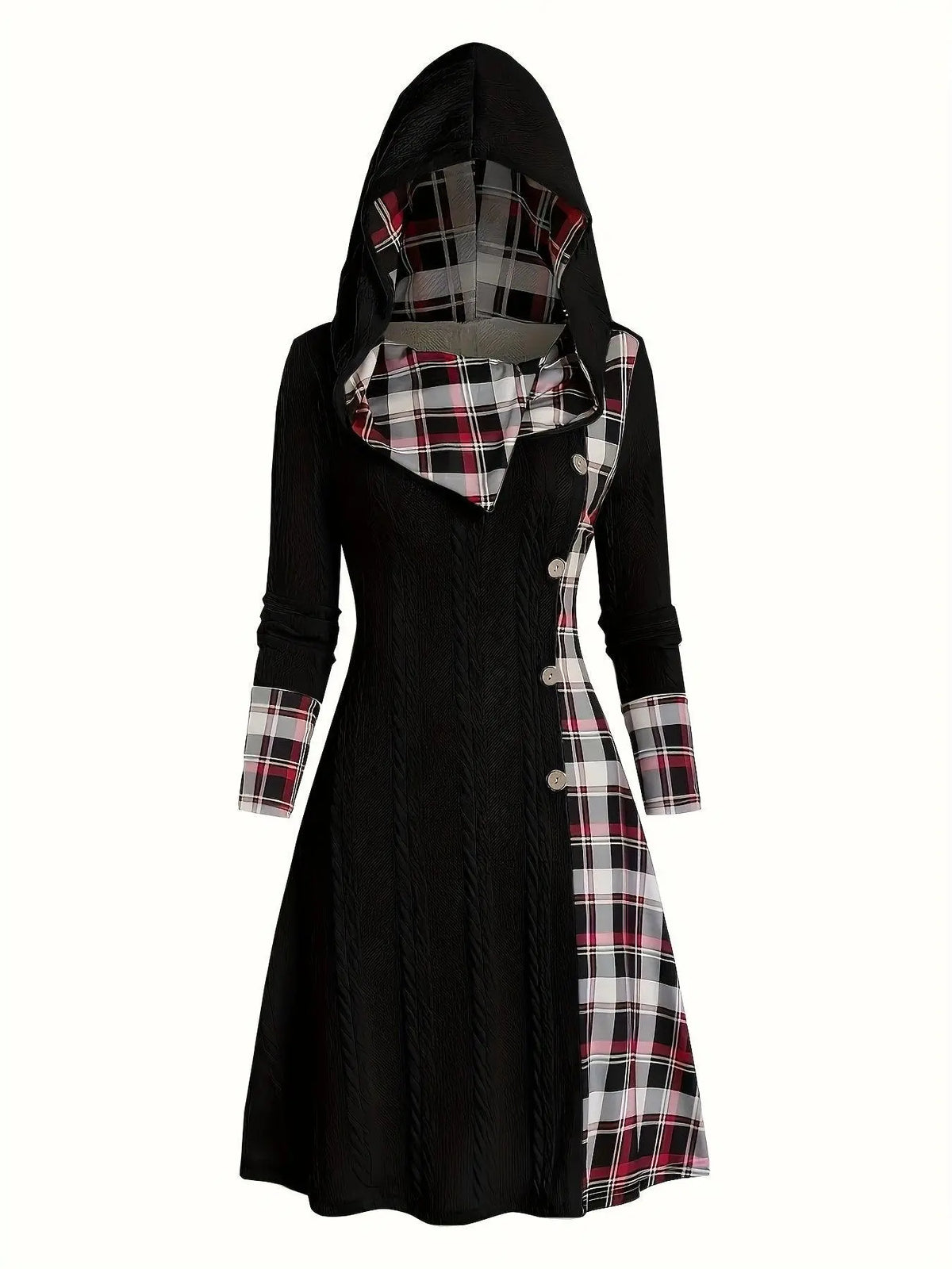 1pc Women'S Casual Hooded Sweater Dress with Plaid Print, Long Sleeve Knit Polyester Spandex Blend, Regular Fit Knee-Length with Button Detail for All Seasons SS69