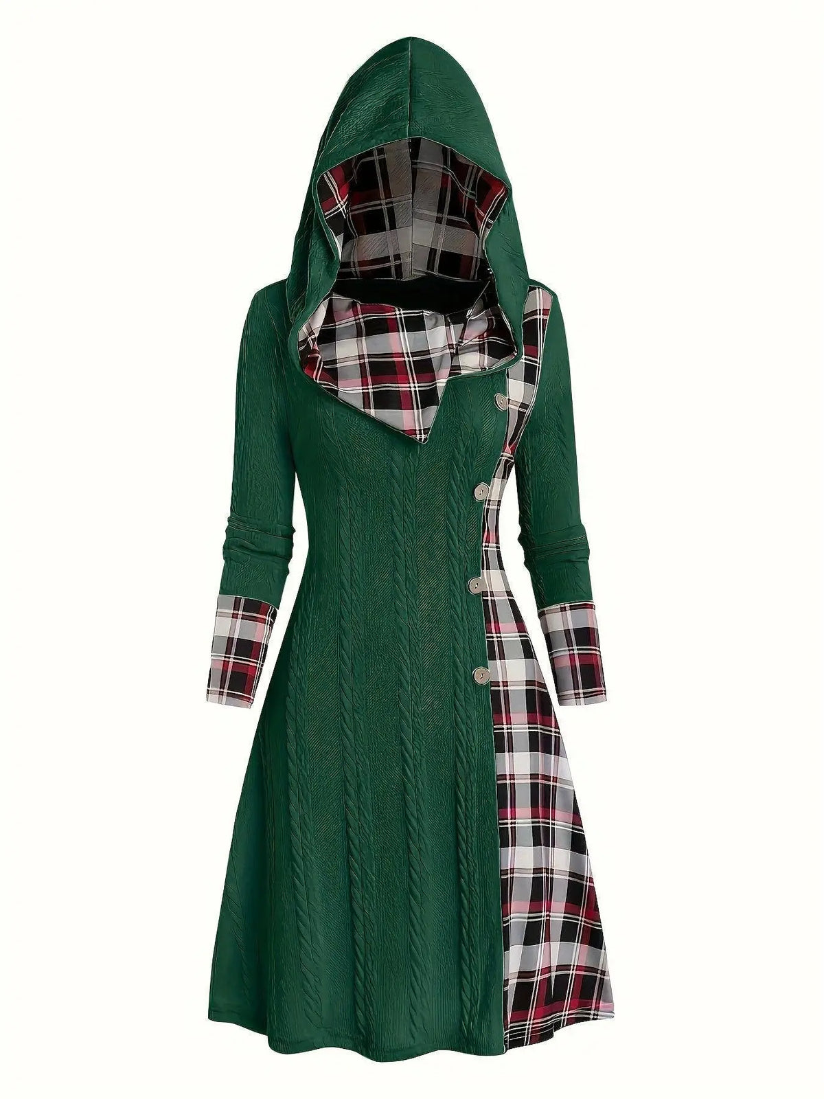 1pc Women'S Casual Hooded Sweater Dress with Plaid Print, Long Sleeve Knit Polyester Spandex Blend, Regular Fit Knee-Length with Button Detail for All Seasons SS69