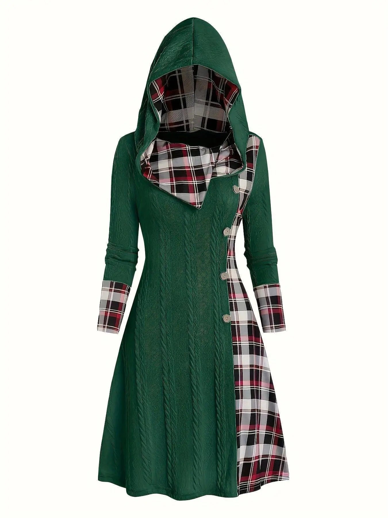 1pc Women'S Casual Hooded Sweater Dress with Plaid Print, Long Sleeve Knit Polyester Spandex Blend, Regular Fit Knee-Length with Button Detail for All Seasons SS69