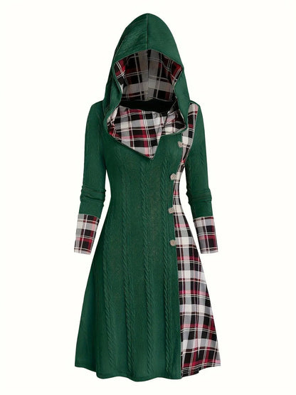 1pc Women'S Casual Hooded Sweater Dress with Plaid Print, Long Sleeve Knit Polyester Spandex Blend, Regular Fit Knee-Length with Button Detail for All Seasons SS69