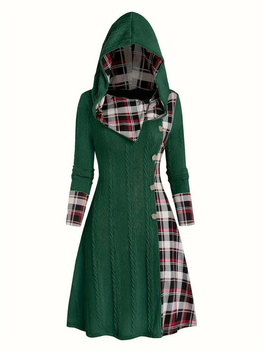 1pc Women'S Casual Hooded Sweater Dress with Plaid Print, Long Sleeve Knit Polyester Spandex Blend, Regular Fit Knee-Length with Button Detail for All Seasons SS69
