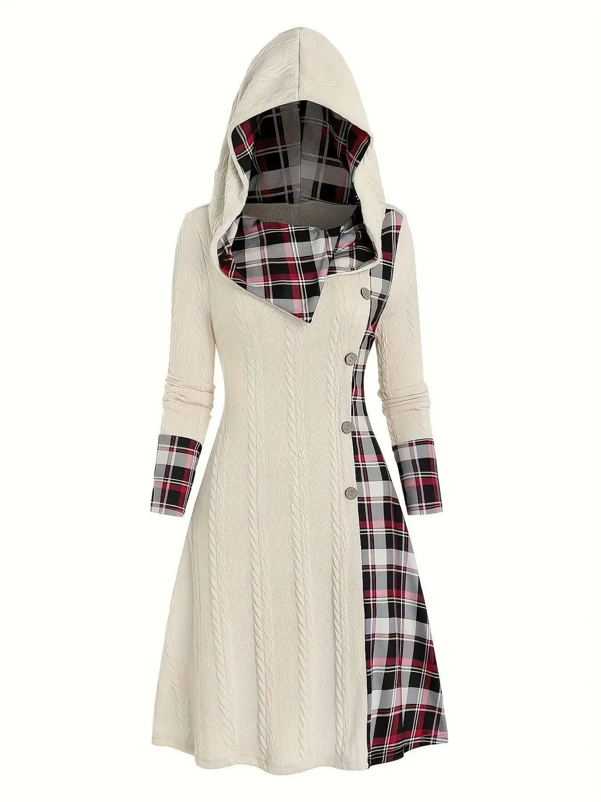 1pc Women'S Casual Hooded Sweater Dress with Plaid Print, Long Sleeve Knit Polyester Spandex Blend, Regular Fit Knee-Length with Button Detail for All Seasons SS69