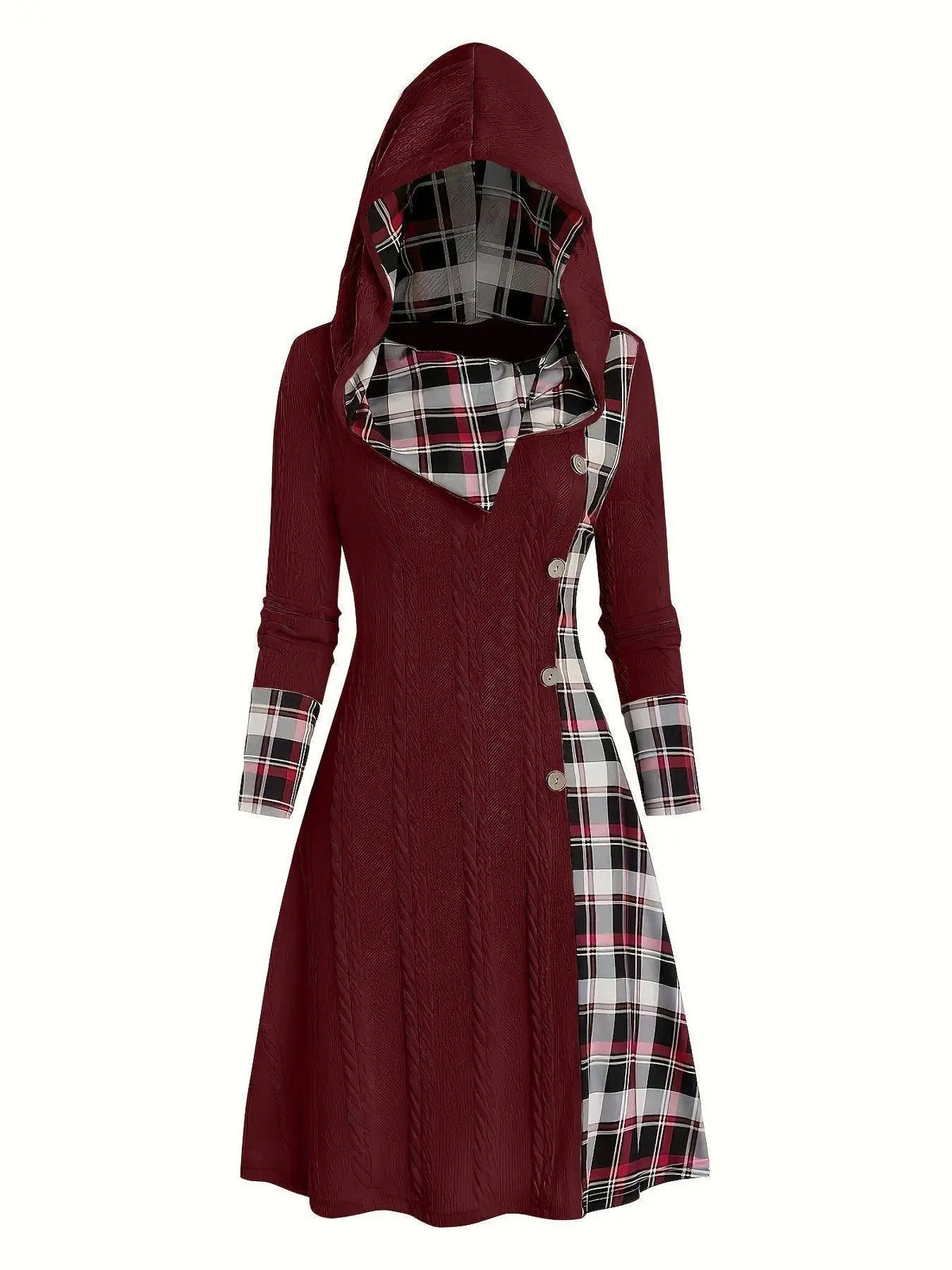 1pc Women'S Casual Hooded Sweater Dress with Plaid Print, Long Sleeve Knit Polyester Spandex Blend, Regular Fit Knee-Length with Button Detail for All Seasons SS69