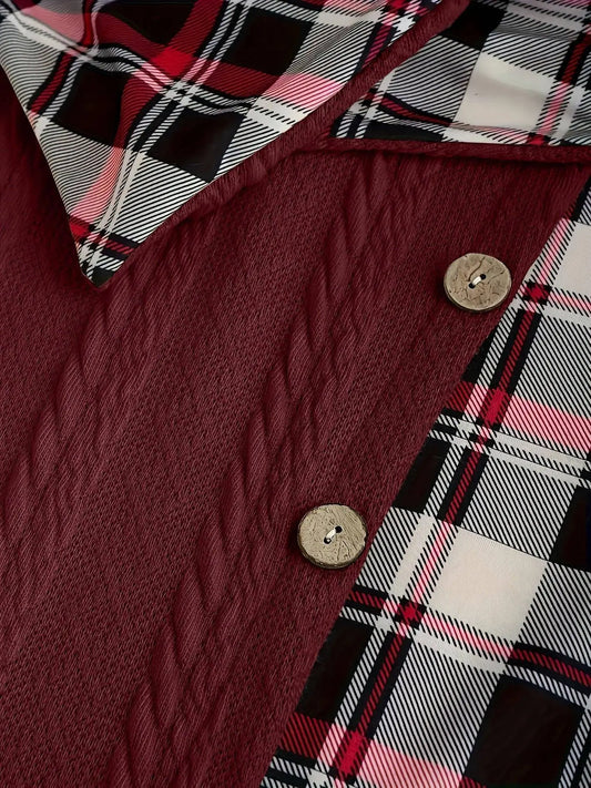 1pc Women'S Casual Hooded Sweater Dress with Plaid Print, Long Sleeve Knit Polyester Spandex Blend, Regular Fit Knee-Length with Button Detail for All Seasons SS69