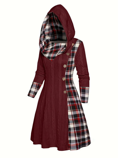 1pc Women'S Casual Hooded Sweater Dress with Plaid Print, Long Sleeve Knit Polyester Spandex Blend, Regular Fit Knee-Length with Button Detail for All Seasons SS69