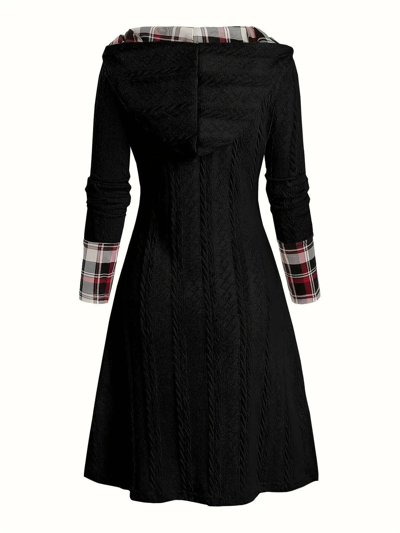 1pc Women'S Casual Hooded Sweater Dress with Plaid Print, Long Sleeve Knit Polyester Spandex Blend, Regular Fit Knee-Length with Button Detail for All Seasons SS69