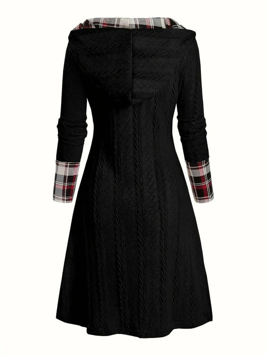 1pc Women'S Casual Hooded Sweater Dress with Plaid Print, Long Sleeve Knit Polyester Spandex Blend, Regular Fit Knee-Length with Button Detail for All Seasons SS69