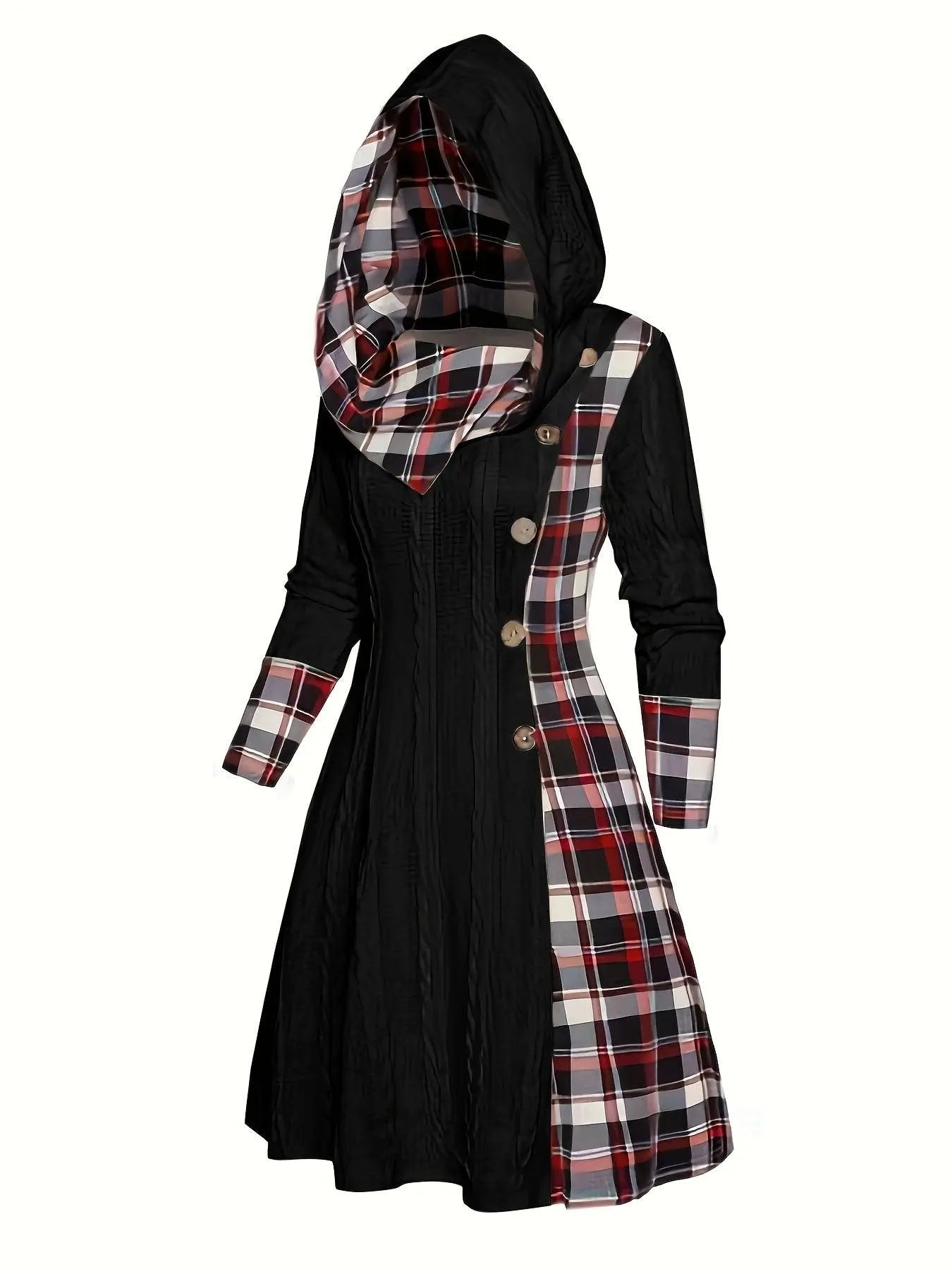 1pc Women'S Casual Hooded Sweater Dress with Plaid Print, Long Sleeve Knit Polyester Spandex Blend, Regular Fit Knee-Length with Button Detail for All Seasons SS69