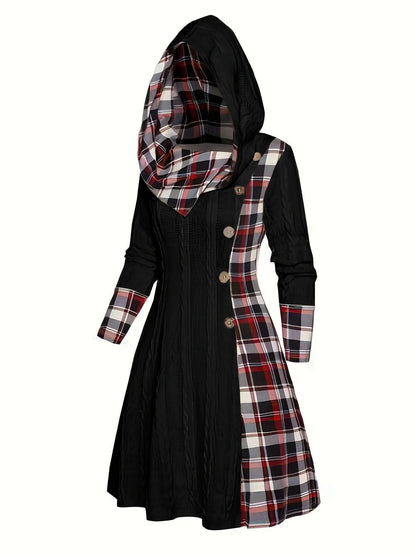 1pc Women'S Casual Hooded Sweater Dress with Plaid Print, Long Sleeve Knit Polyester Spandex Blend, Regular Fit Knee-Length with Button Detail for All Seasons SS69
