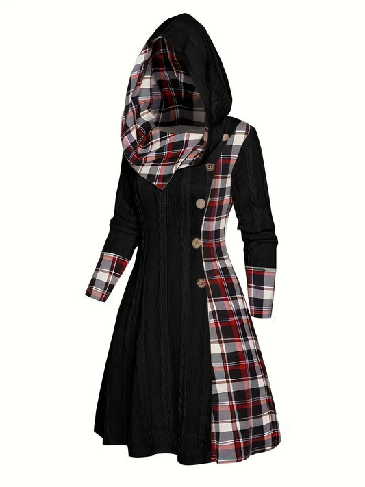 1pc Women'S Casual Hooded Sweater Dress with Plaid Print, Long Sleeve Knit Polyester Spandex Blend, Regular Fit Knee-Length with Button Detail for All Seasons SS69