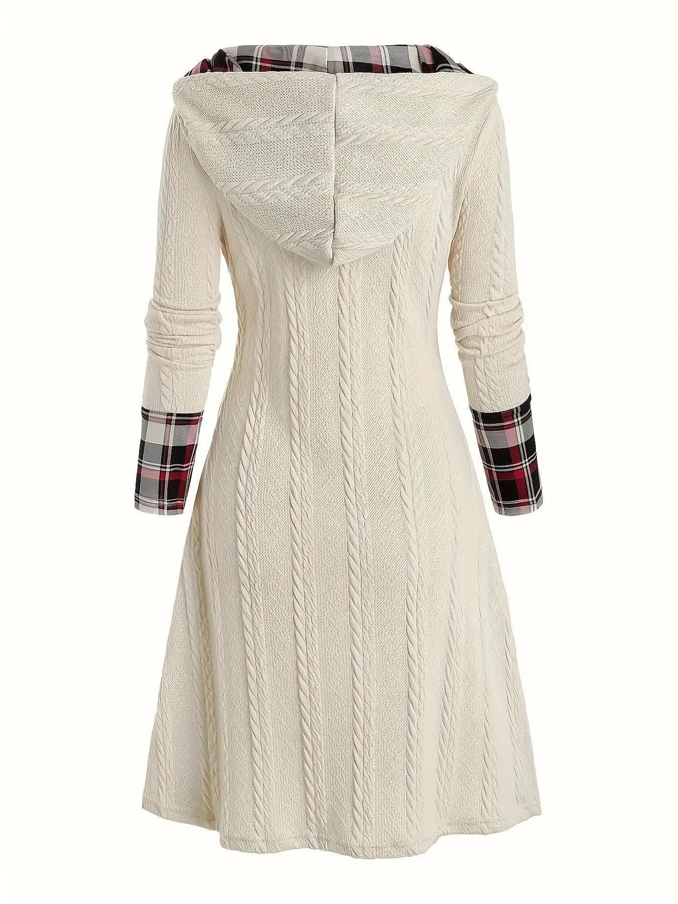 1pc Women'S Casual Hooded Sweater Dress with Plaid Print, Long Sleeve Knit Polyester Spandex Blend, Regular Fit Knee-Length with Button Detail for All Seasons SS69