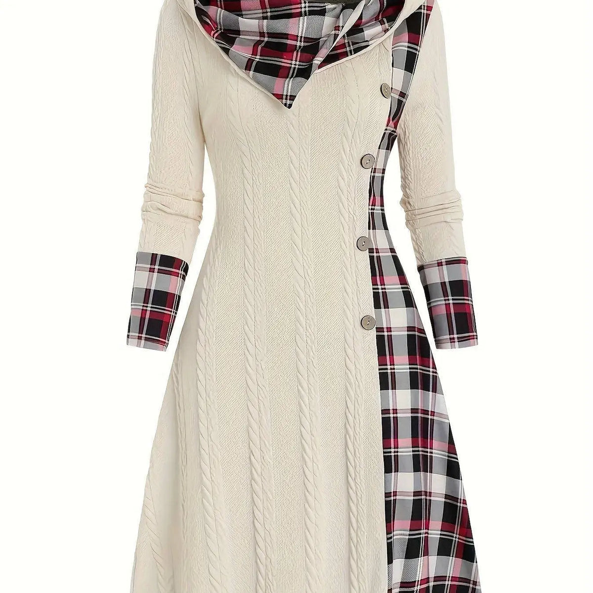 1pc Women'S Casual Hooded Sweater Dress with Plaid Print, Long Sleeve Knit Polyester Spandex Blend, Regular Fit Knee-Length with Button Detail for All Seasons SS69 32.69 Apricot / XXL(50)