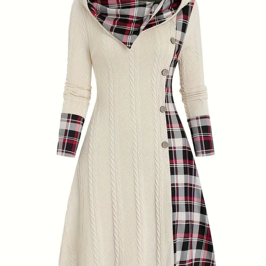 1pc Women'S Casual Hooded Sweater Dress with Plaid Print, Long Sleeve Knit Polyester Spandex Blend, Regular Fit Knee-Length with Button Detail for All Seasons SS69 32.69 Apricot / XXL(50)