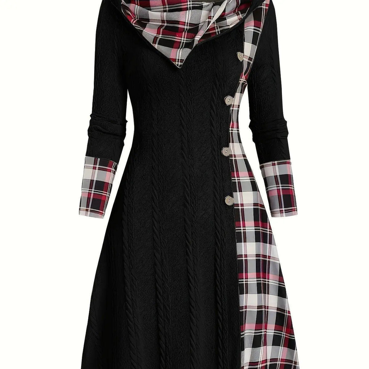 1pc Women'S Casual Hooded Sweater Dress with Plaid Print, Long Sleeve Knit Polyester Spandex Blend, Regular Fit Knee-Length with Button Detail for All Seasons SS69 32.69 Black / XXL(50)