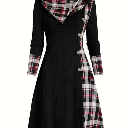 1pc Women'S Casual Hooded Sweater Dress with Plaid Print, Long Sleeve Knit Polyester Spandex Blend, Regular Fit Knee-Length with Button Detail for All Seasons SS69 32.69 Black / XXL(50)