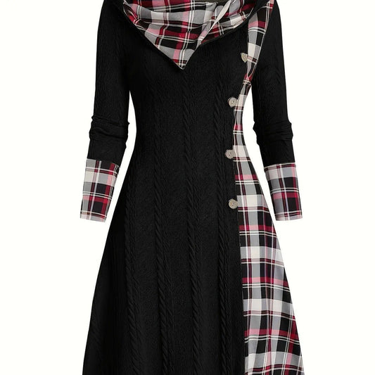 1pc Women'S Casual Hooded Sweater Dress with Plaid Print, Long Sleeve Knit Polyester Spandex Blend, Regular Fit Knee-Length with Button Detail for All Seasons SS69 32.69 Black / XXL(50)